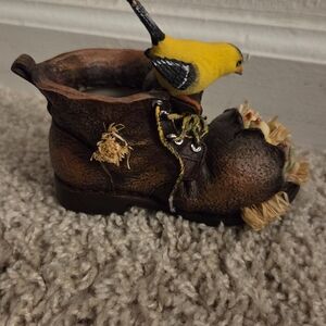Vintage Cottagecore Bird & Chick Boot Planter Figurine | Rustic Home Decor
